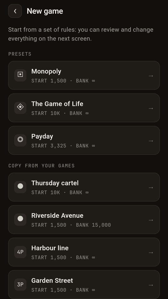 New game: presets and copy from your games