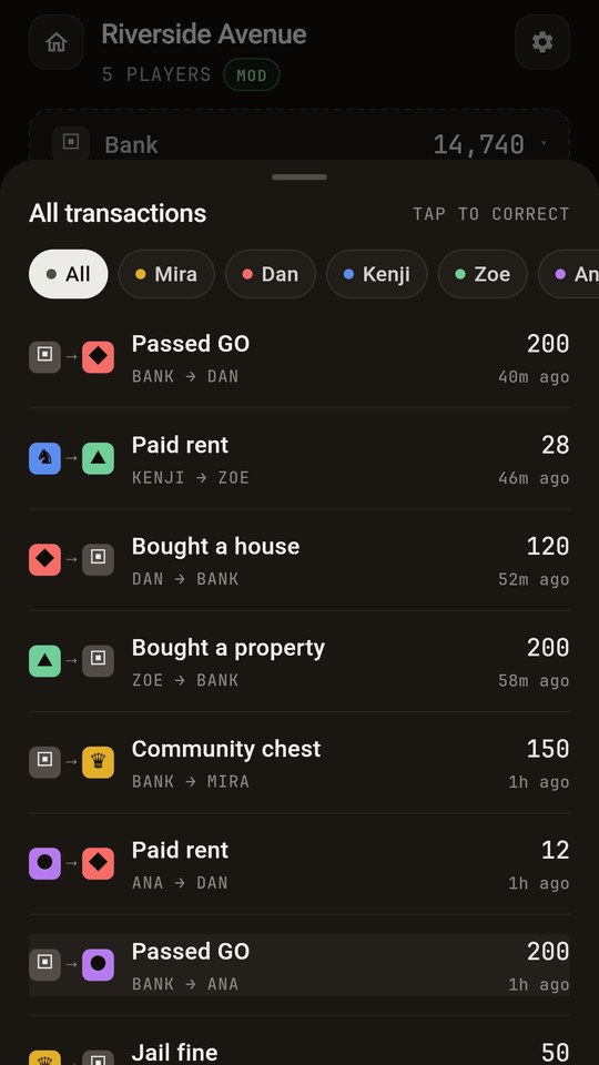 Transaction log with filters per player